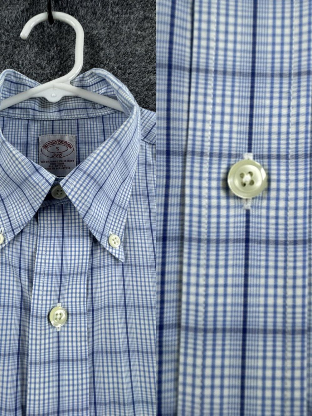 Brooks Brothers Mens Small Blue White Cotton Short Sleeve Check Button-Down